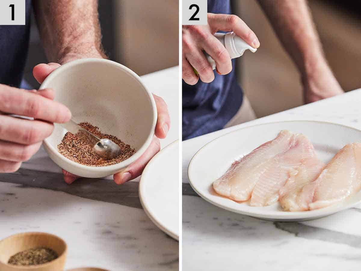 Set of two photos showing seasoning mixed in a bowl and tilapia being sprayed with oil.