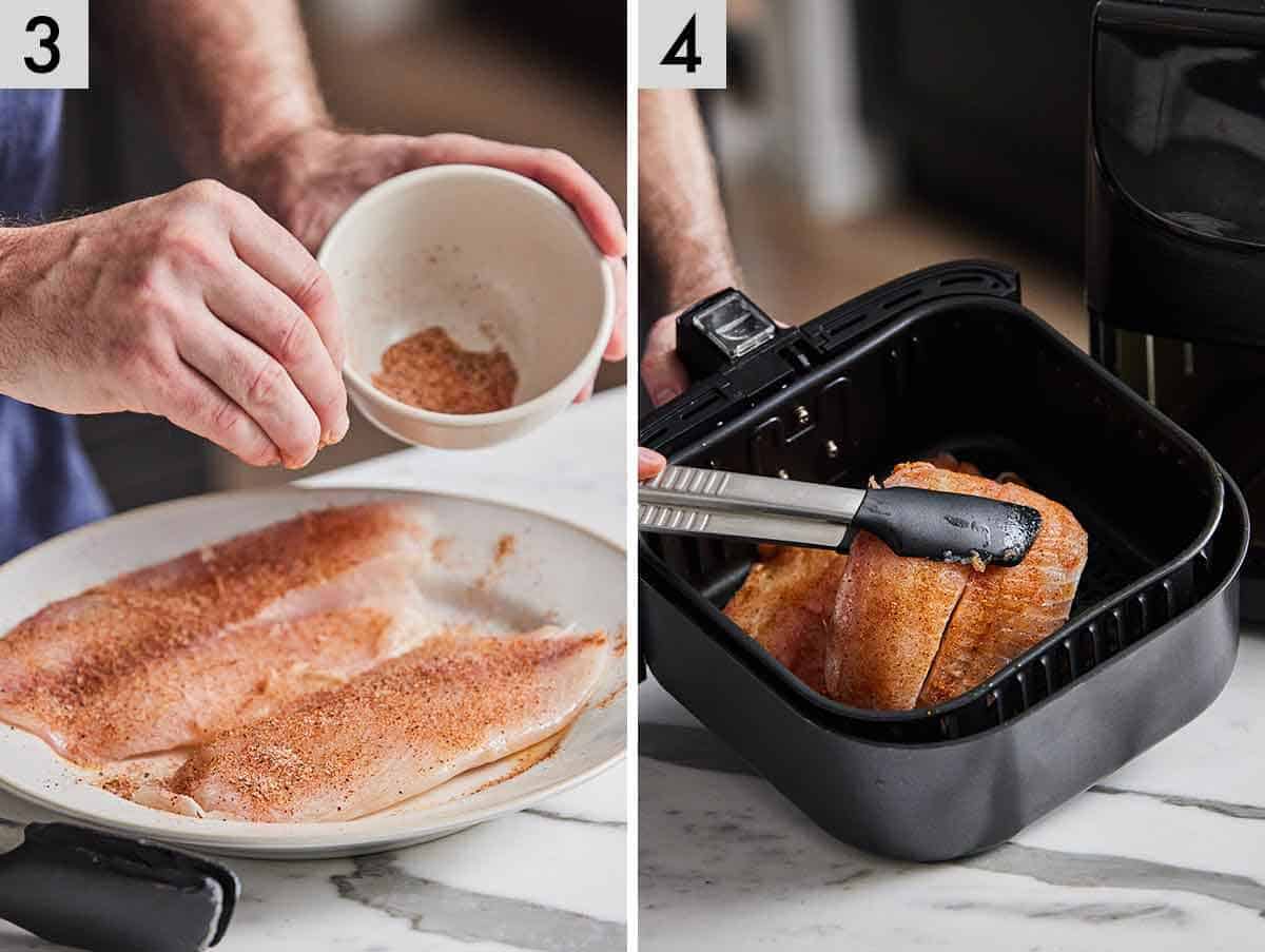 Set of two photos showing the fish seasoned and placed in the air fryer basket.