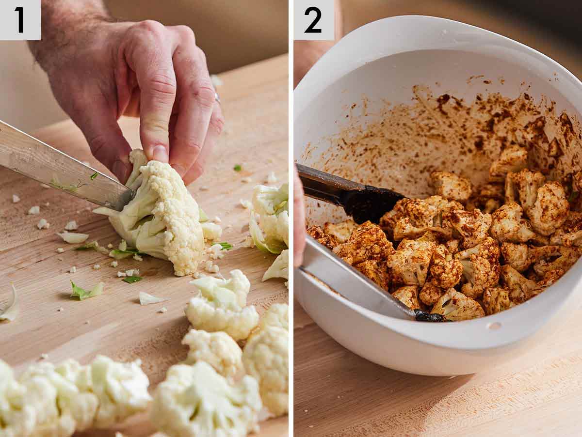 Set of two photos showing cauliflower cut and seasoned.
