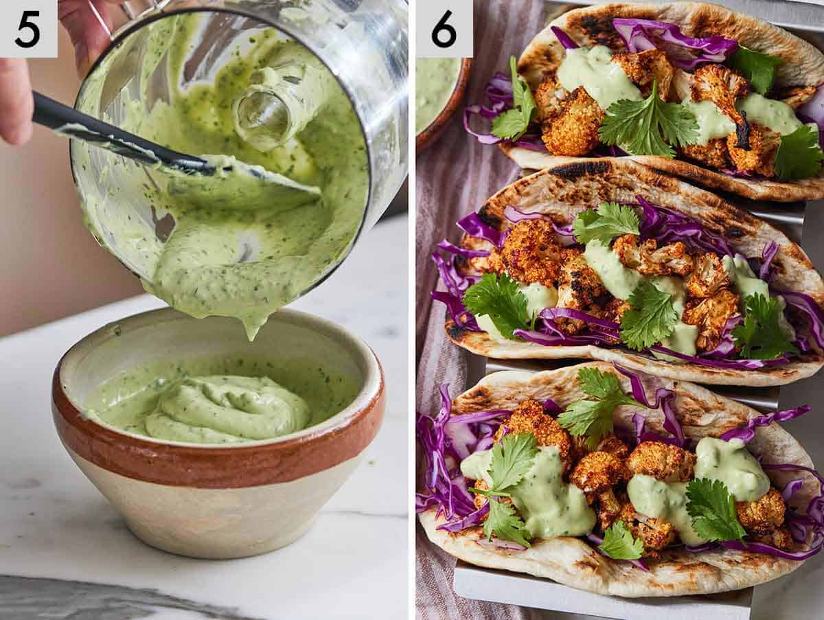 Set of two photos of avocado sauce blended and tacos assembled.