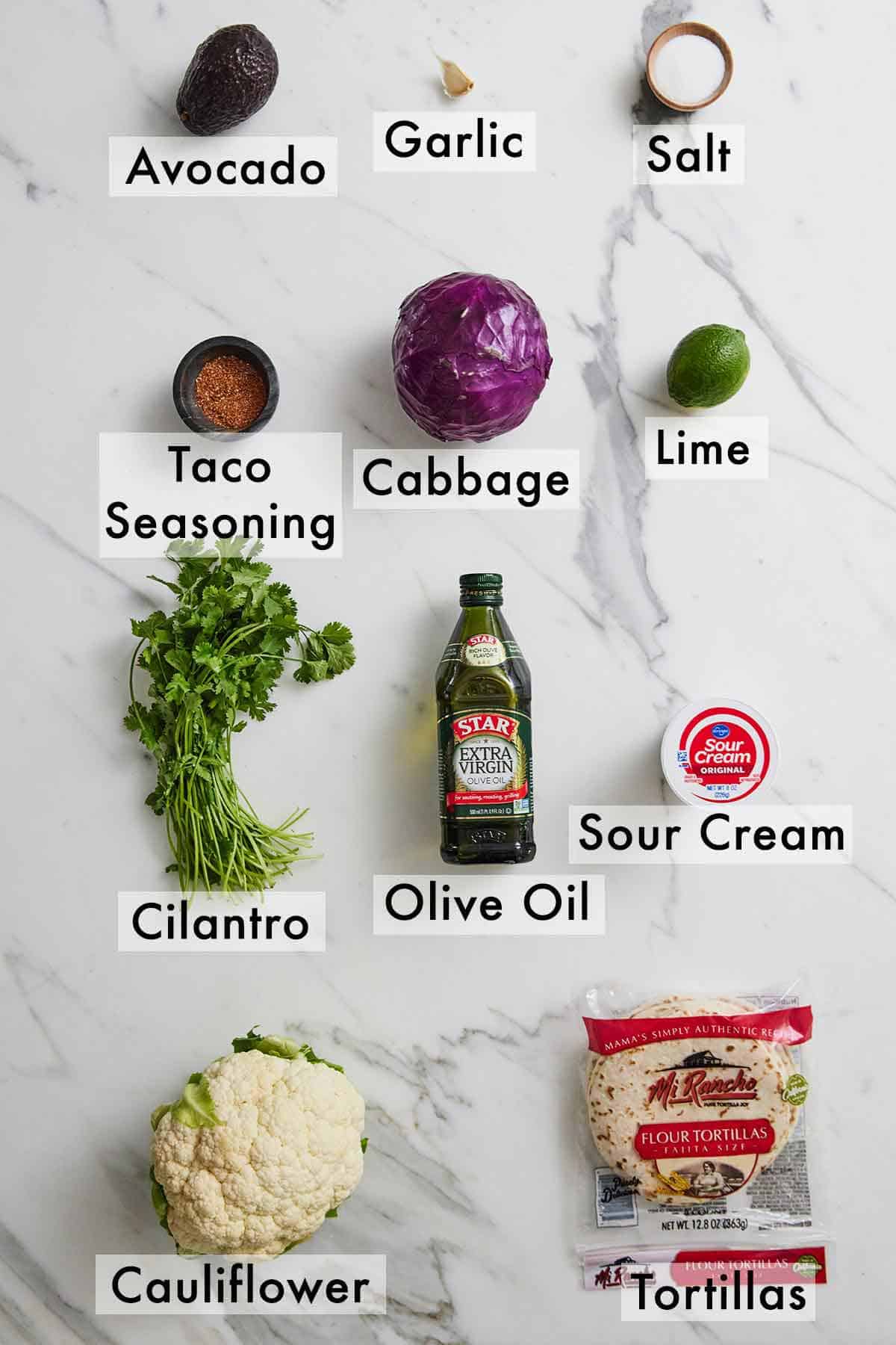 Ingredients needed to make cauliflower tacos.