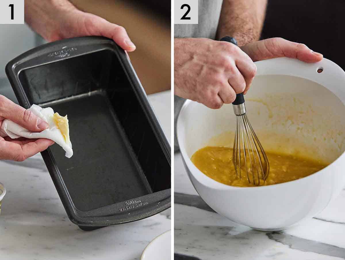 Set of two photos showing a loaf pan greased and wet ingredients mixed.