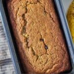 Pinterest graphic of healthy banana bread in a loaf pan.