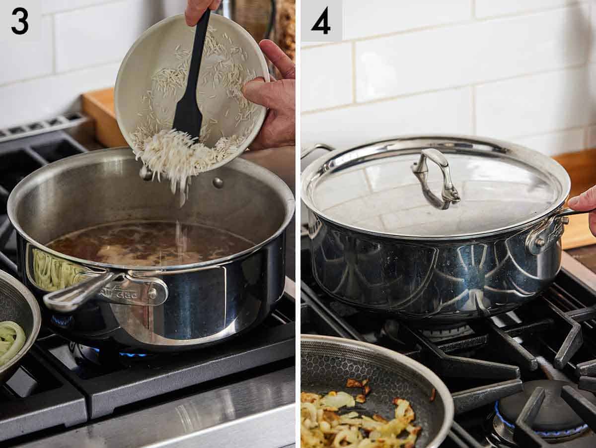Set of two photos of rice added to a pot to simmer.
