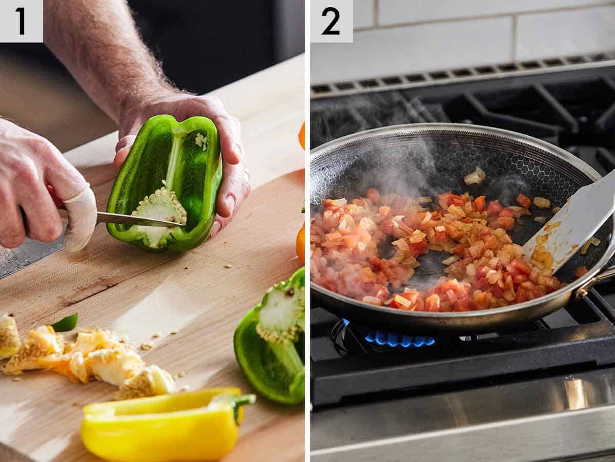 Set of two photos showing peppers being cut and veggies cooked in a pan.