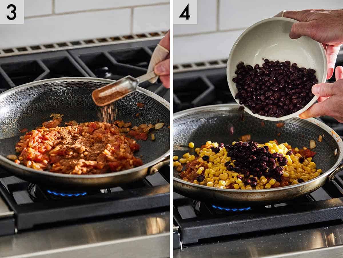 Set of two photos showing seasoning, corn, and beans added to the pan.