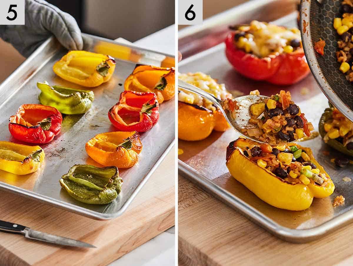 Set of two photos showing bell peppers roasted and stuffed.