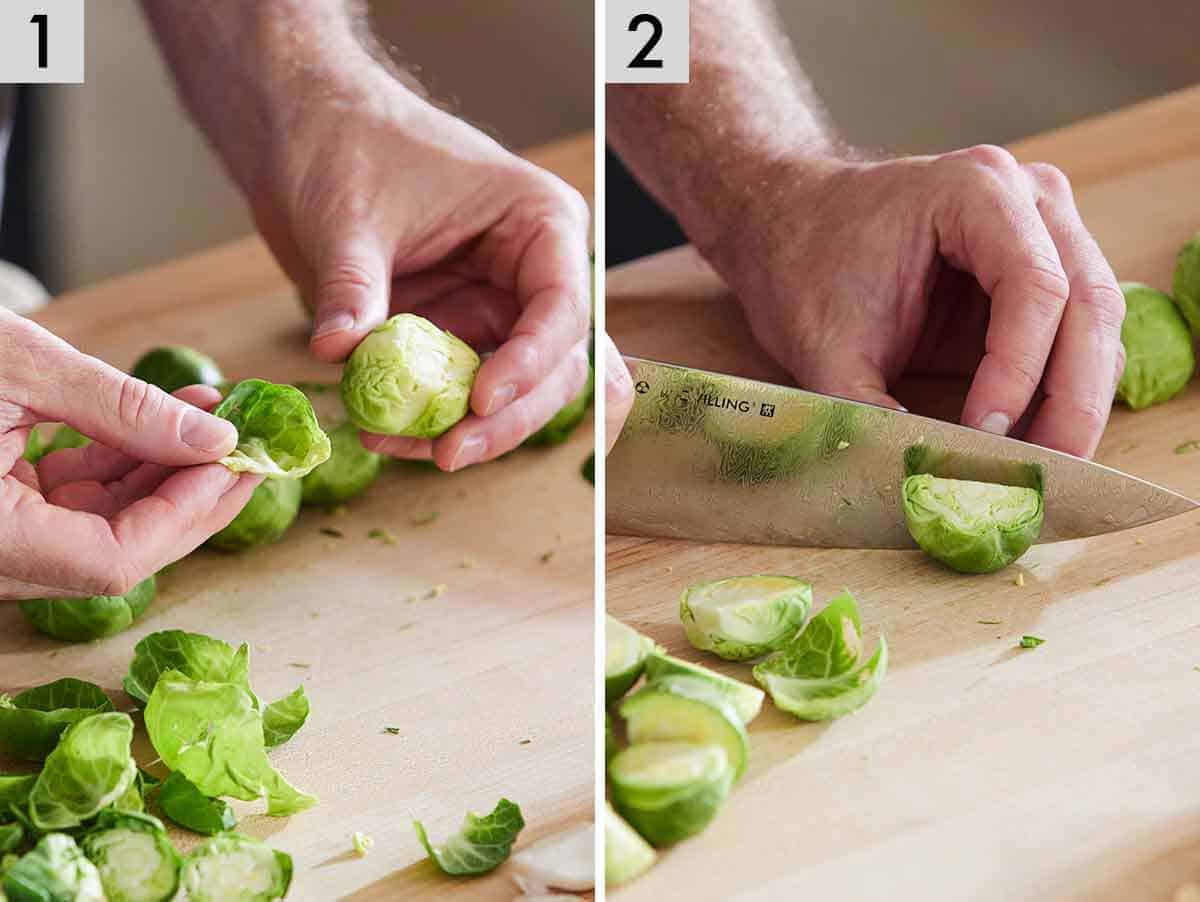Set of two photos showing the exterior leaves removed and vegetable cut in half.