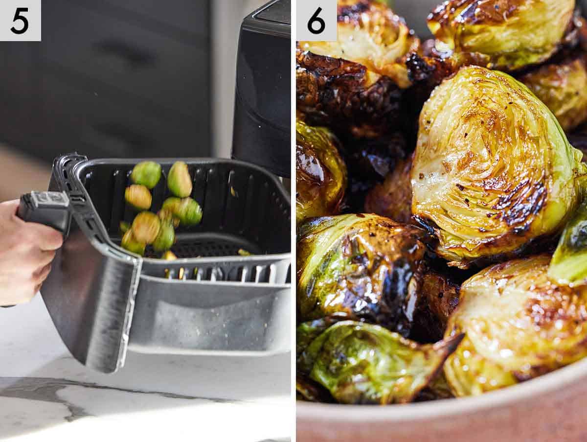 Set of two photos showing the Brussels sprouts tossed and the finished recipe.