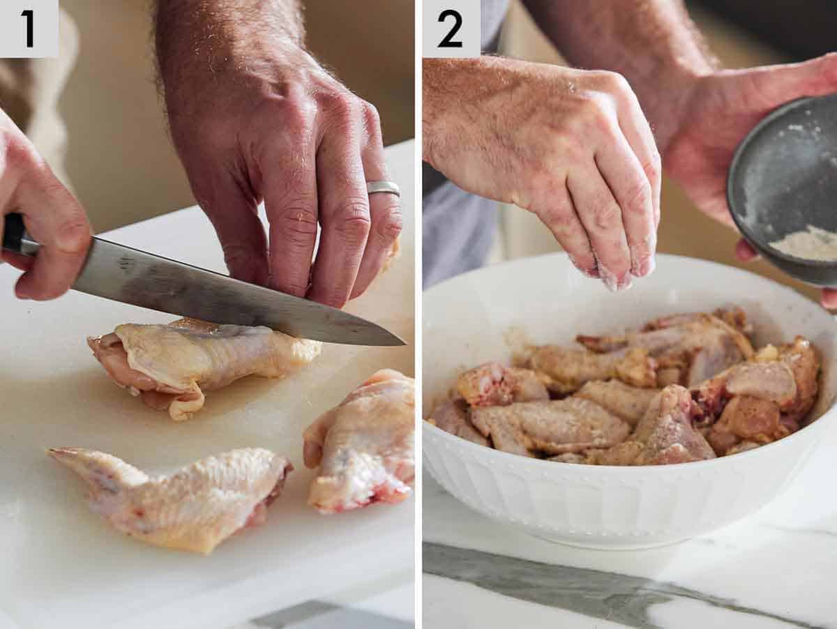 Set of two photos showing wings being cut and seasoned.