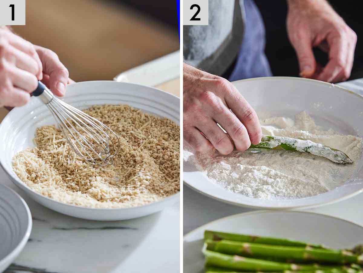 Set of two photos showing the panko mix whisked and a spear coated in flour.