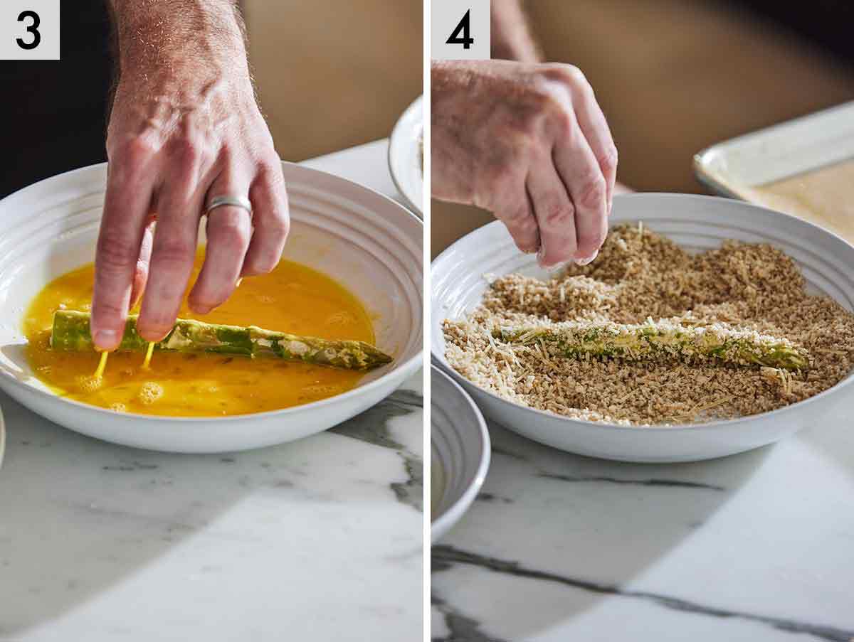 Set of two photos showing the asparagus dipped in egg and panko.