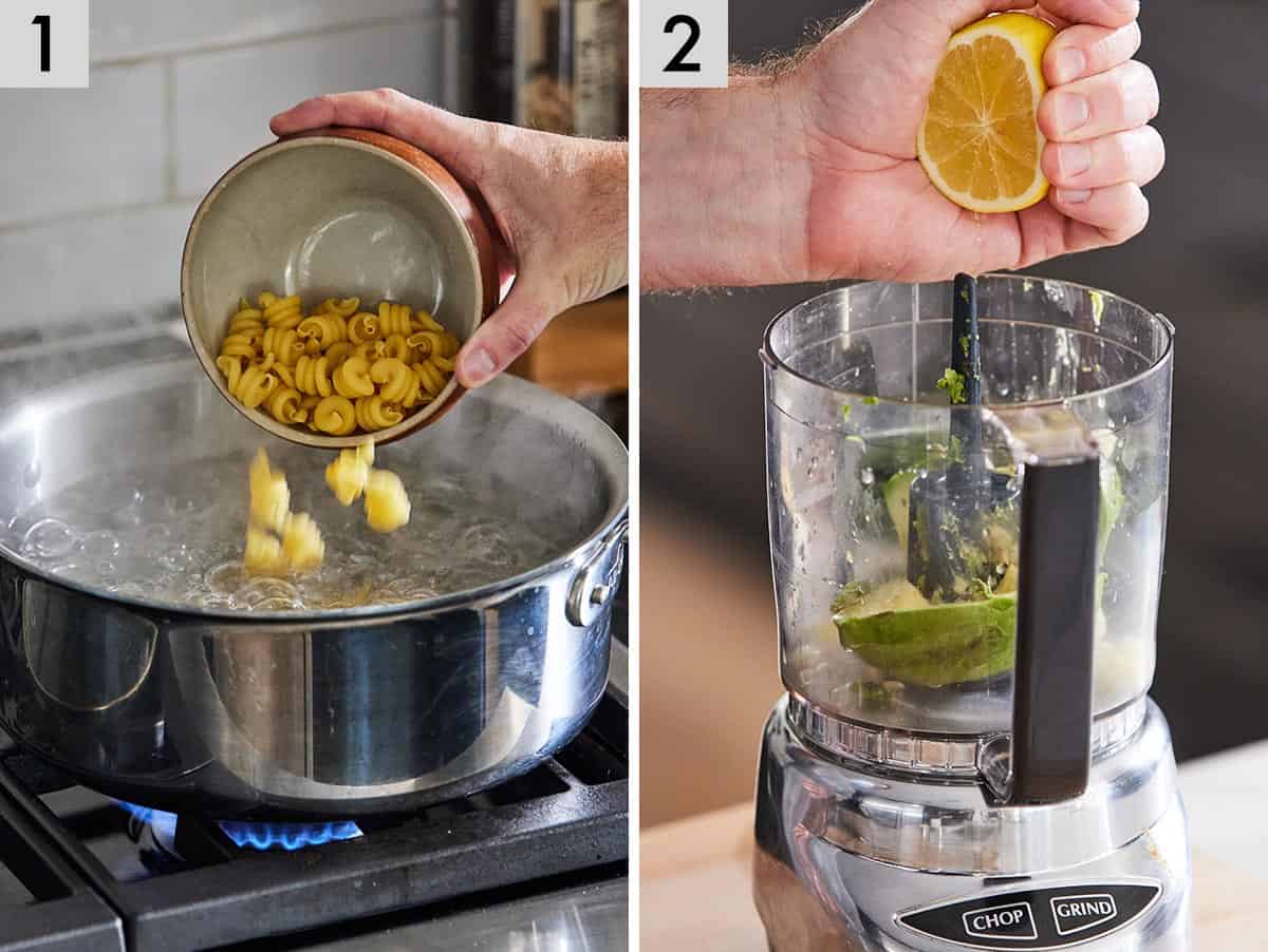 Set of two photos showing pasta added to water and lemon added to avocado.