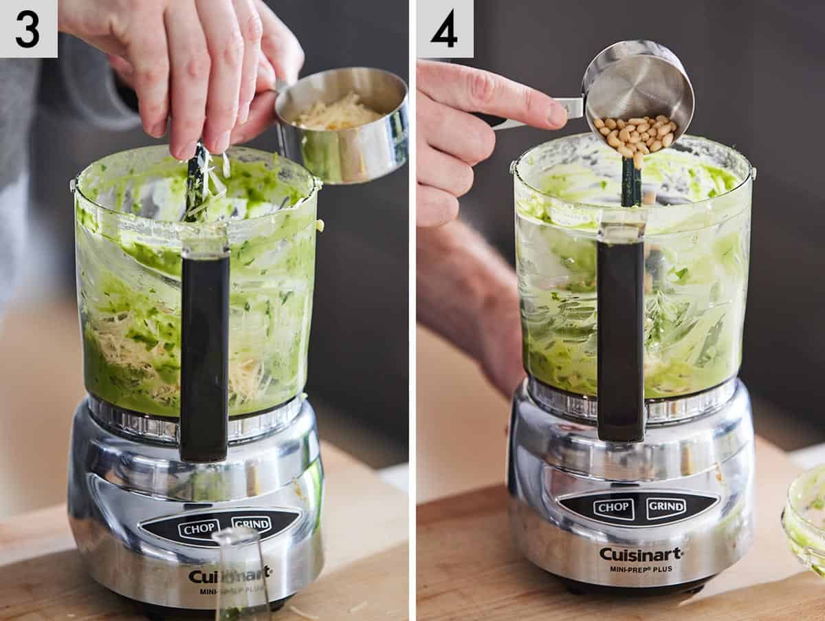 Set of two photos showing parmesan cheese and pine nuts added to a food processor.