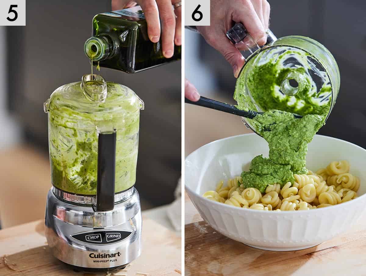Set of two photos showing oil added to the food processor and then transferred to pasta.