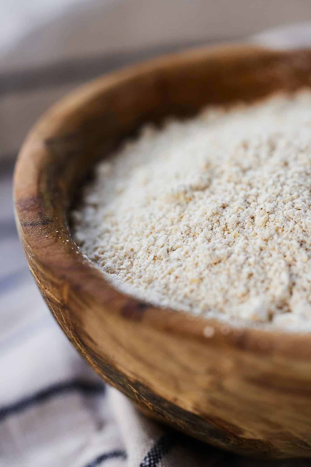 Close up of a bowl of oat flour.