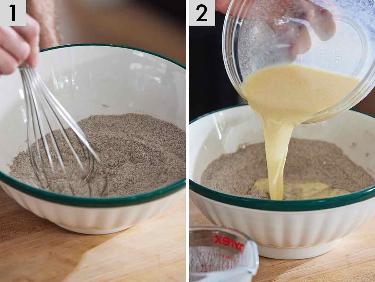Set of two photos showing dry ingredients whisked and wet ingredients added.