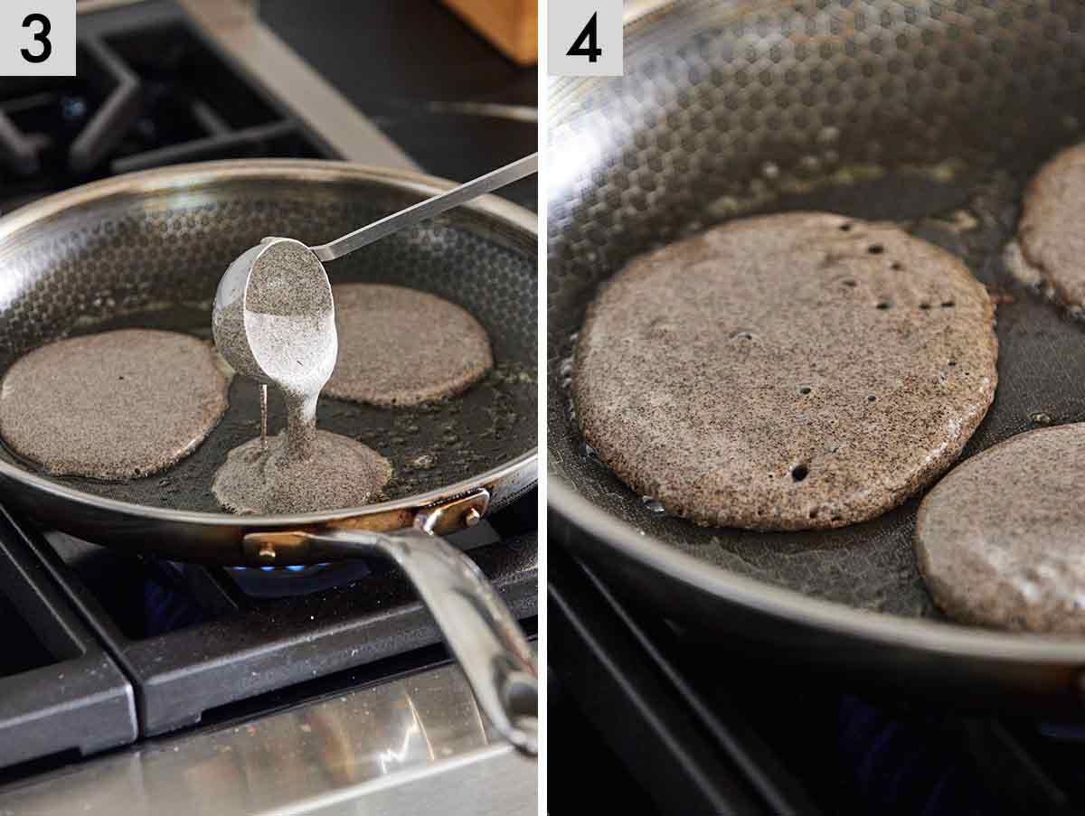 Set of two photos showing batter added to a pan and close up of the pancake.