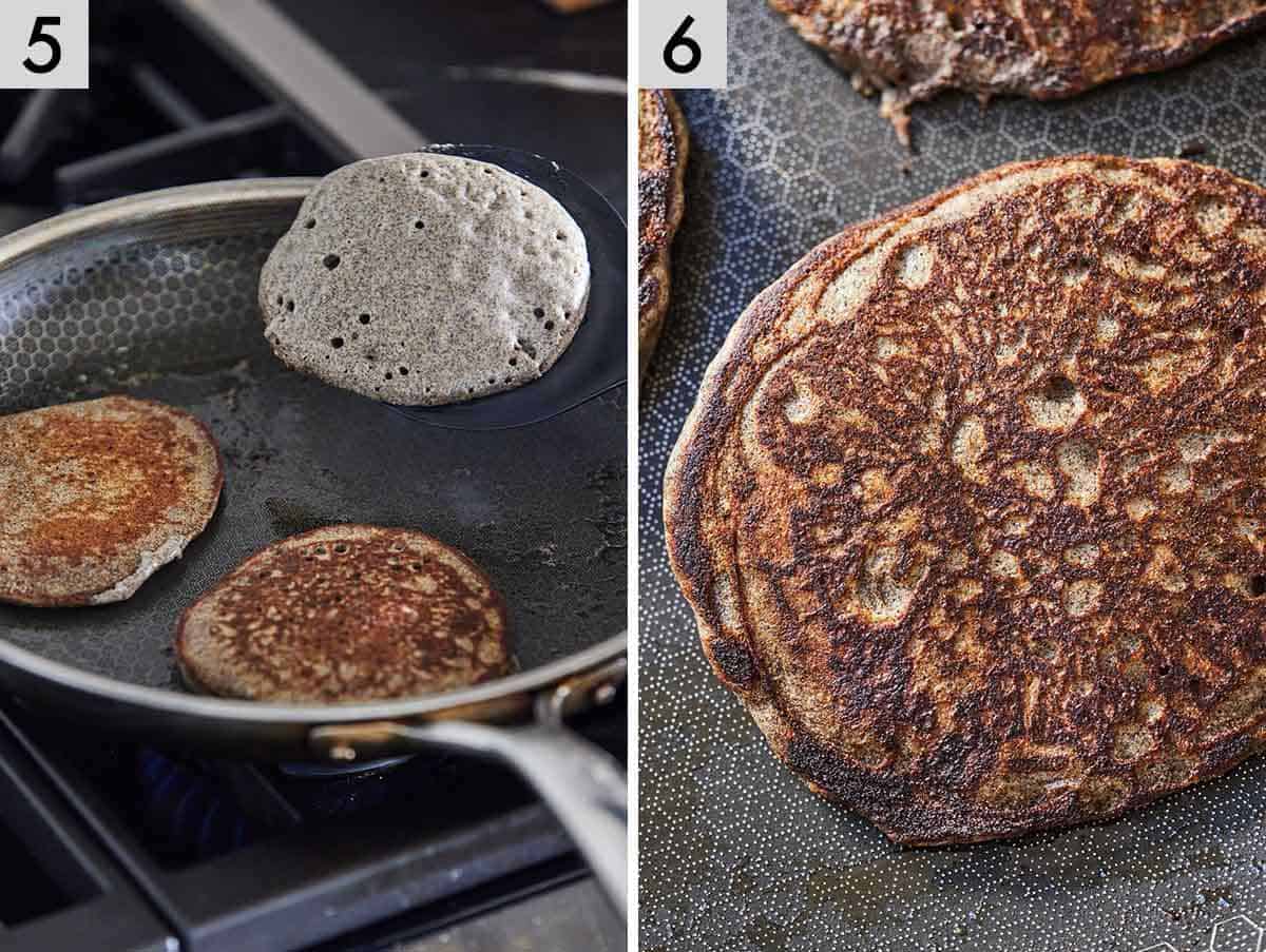 Set of two photos showing the pancakes flipped and cooked.