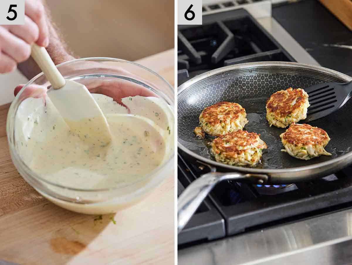 Set of two photos showing tartar sauce mixed and crab cakes cooked in a skillet.
