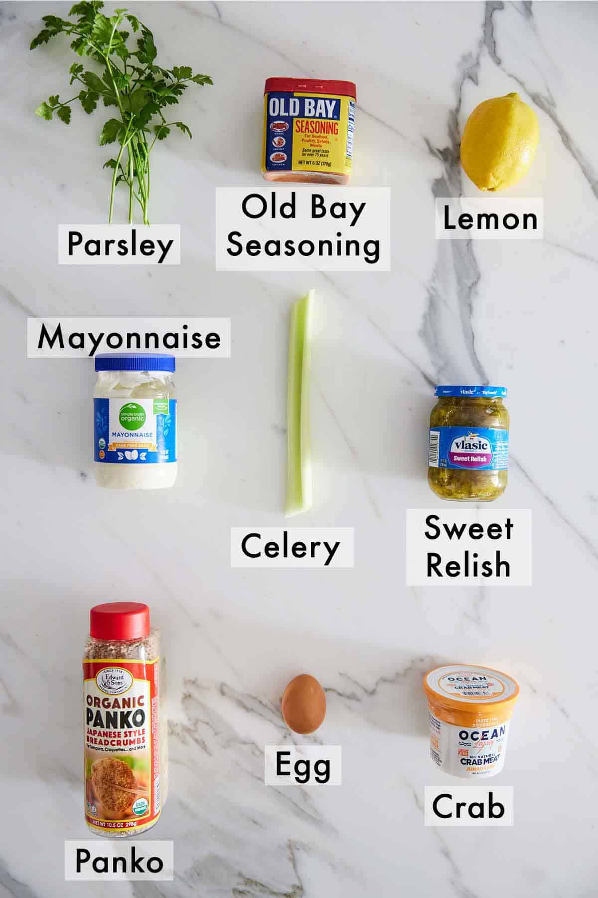 Ingredients needed to make crab cakes.
