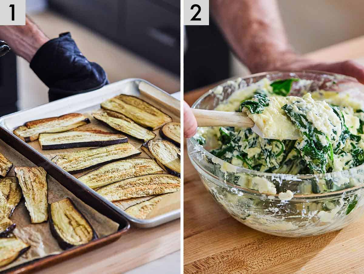 Set of two photos showing sliced eggplant baked and filling mixed.