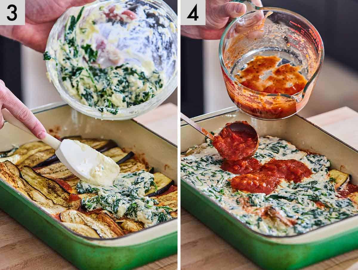 Set of two photos showing the ingredients being layered in the baking dish.