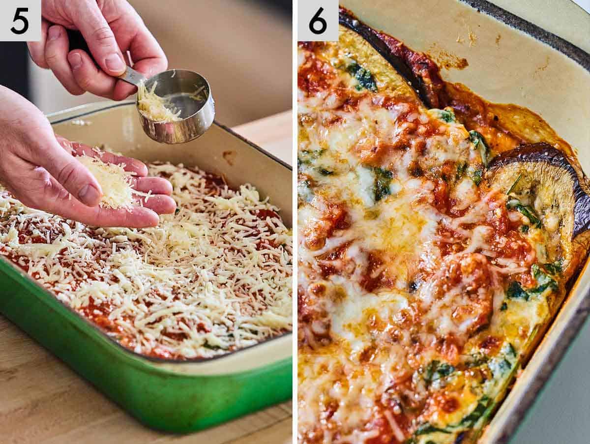 Set of two photos showing cheese sprinkled on top of the dish and then baked.
