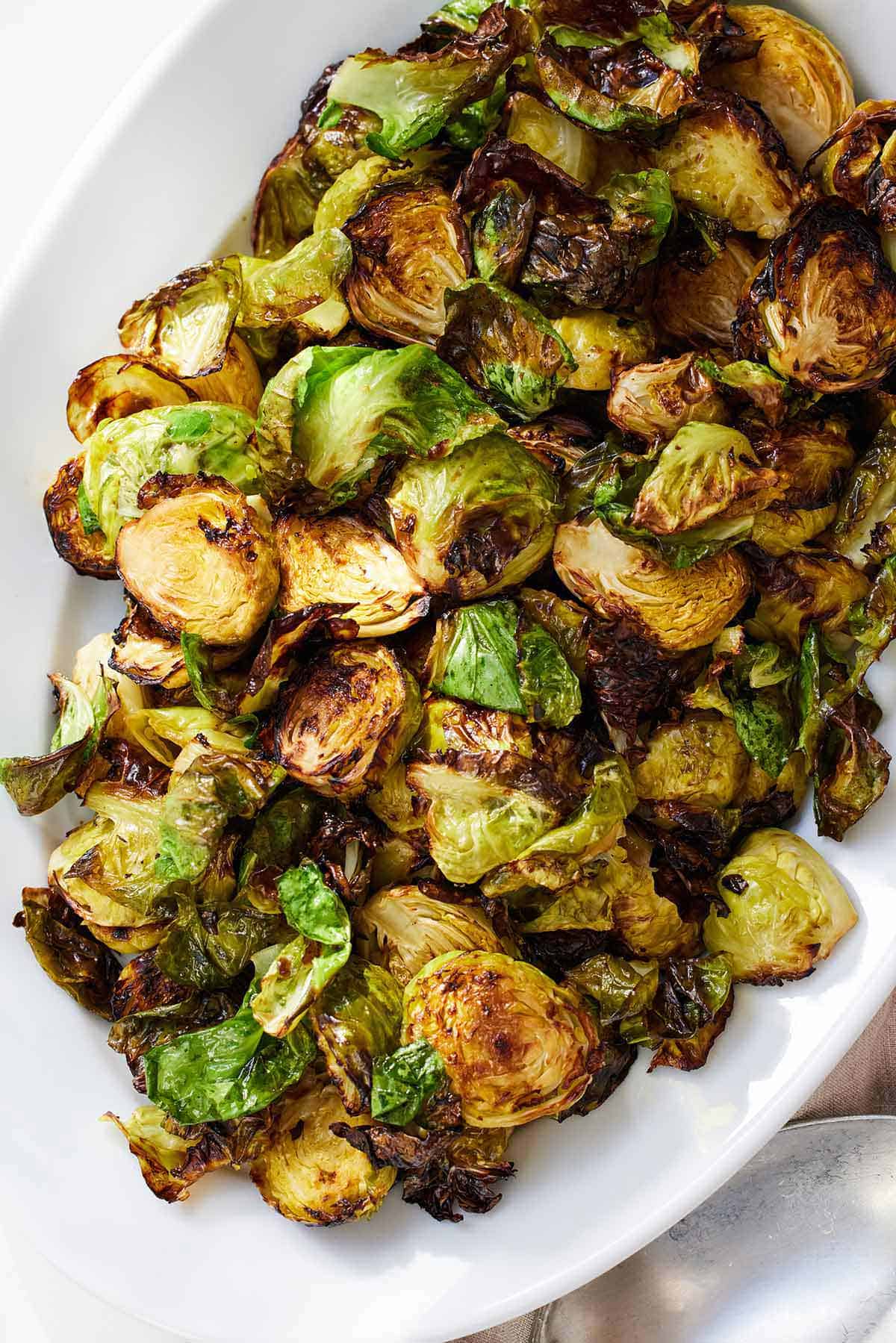 A plate of air fryer Brussels sprouts.