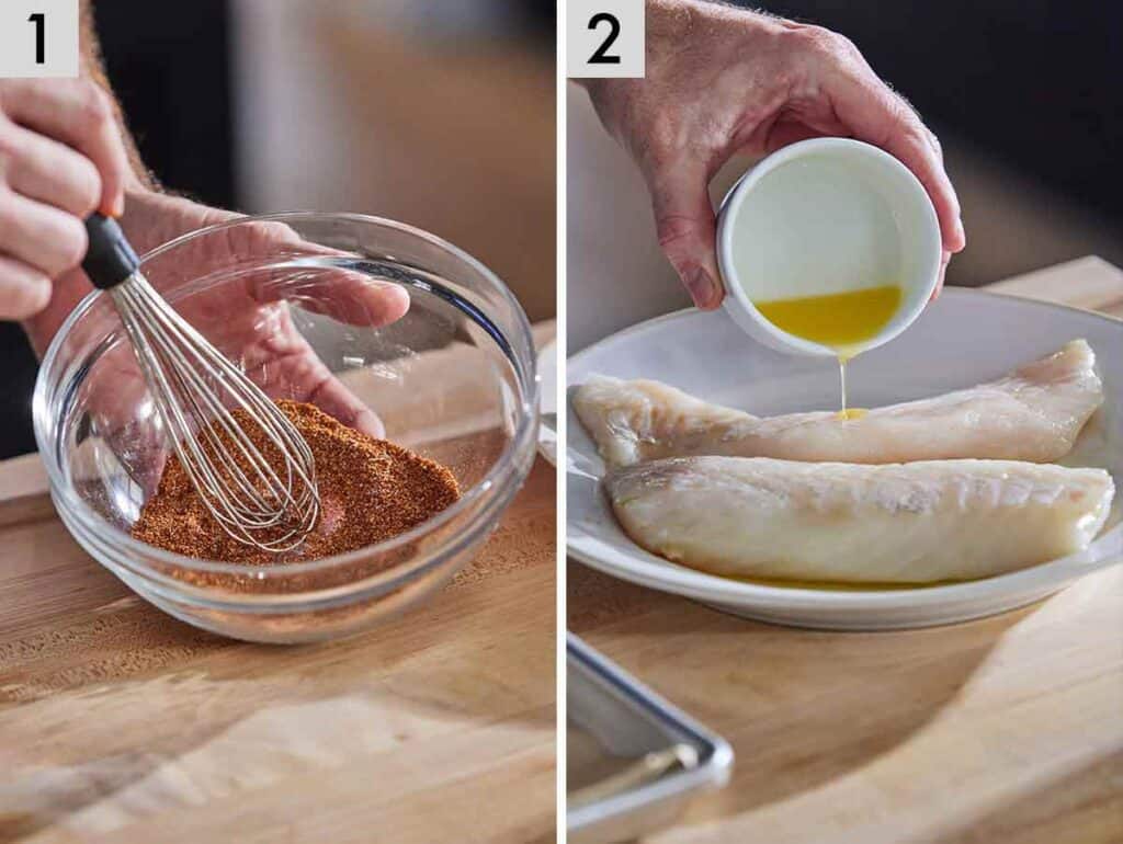 Set of two photos showing seasoning whisked and melted butter and oil added to the cod.