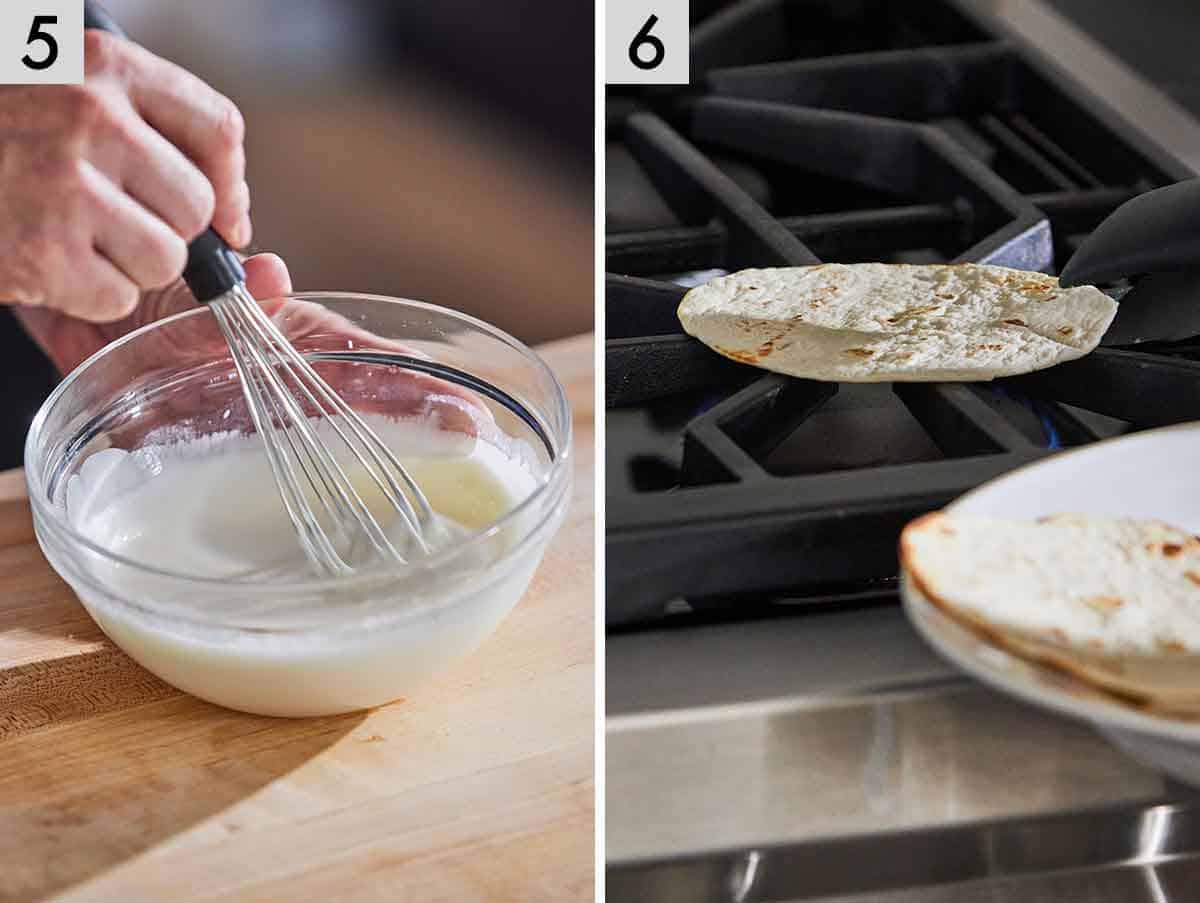 Set of two photos showing sauce whisked and tortillas heated.