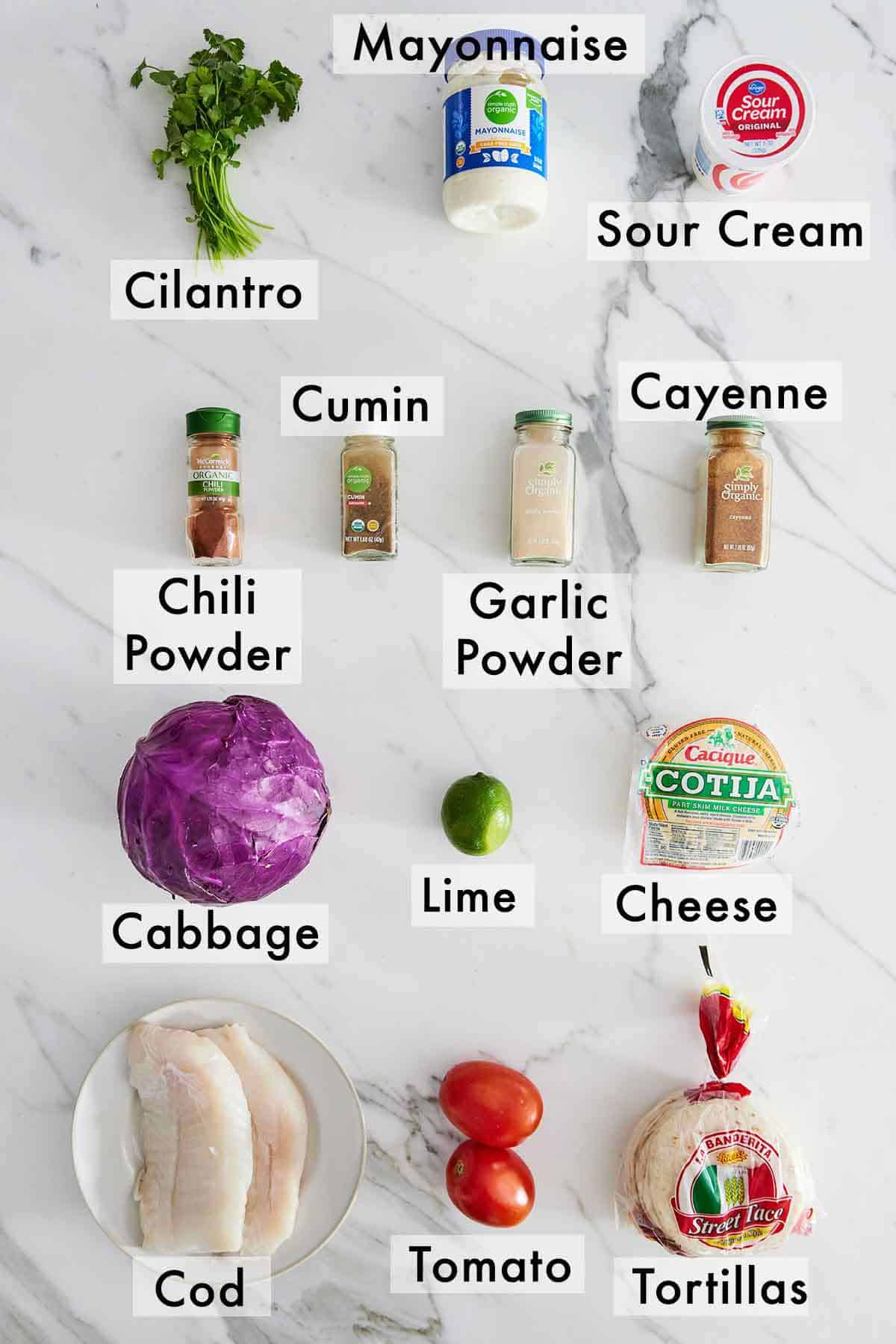 Ingredients needed to make fish tacos.