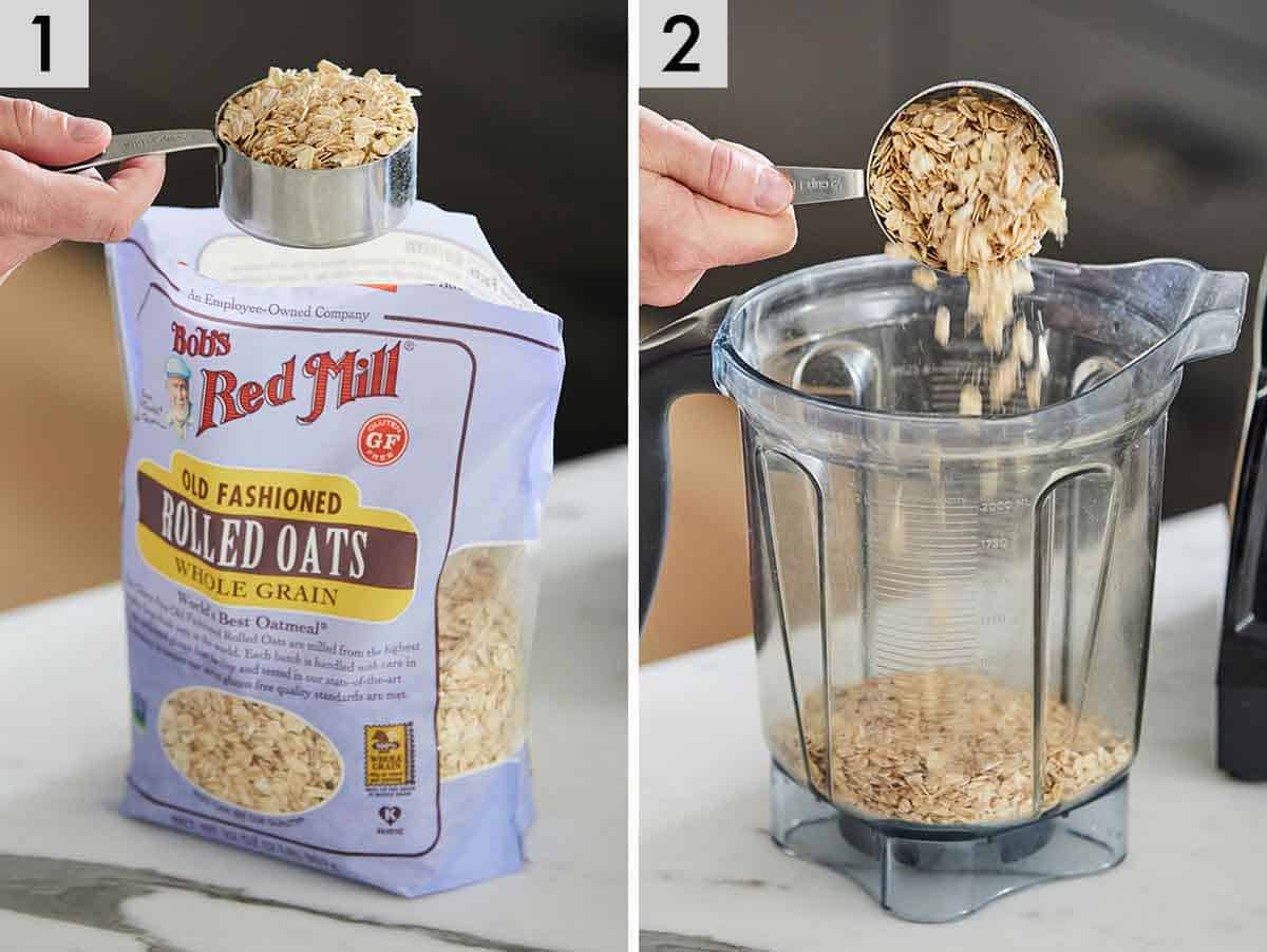 Set of two photos showing rolled oats scooped into a blender.