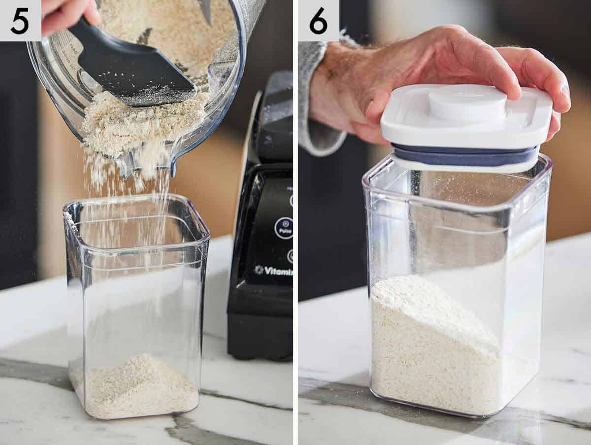 Set of two photos showing the flour poured into a container.