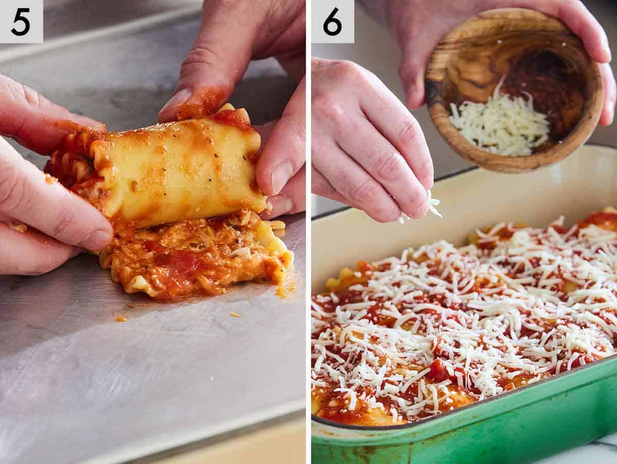 Set of two photos showing pasta noodle rolled and casserole dish topped with cheese.