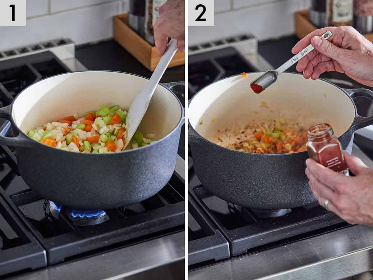Set of two photos showing vegetables and seasoning cooked in a pot.