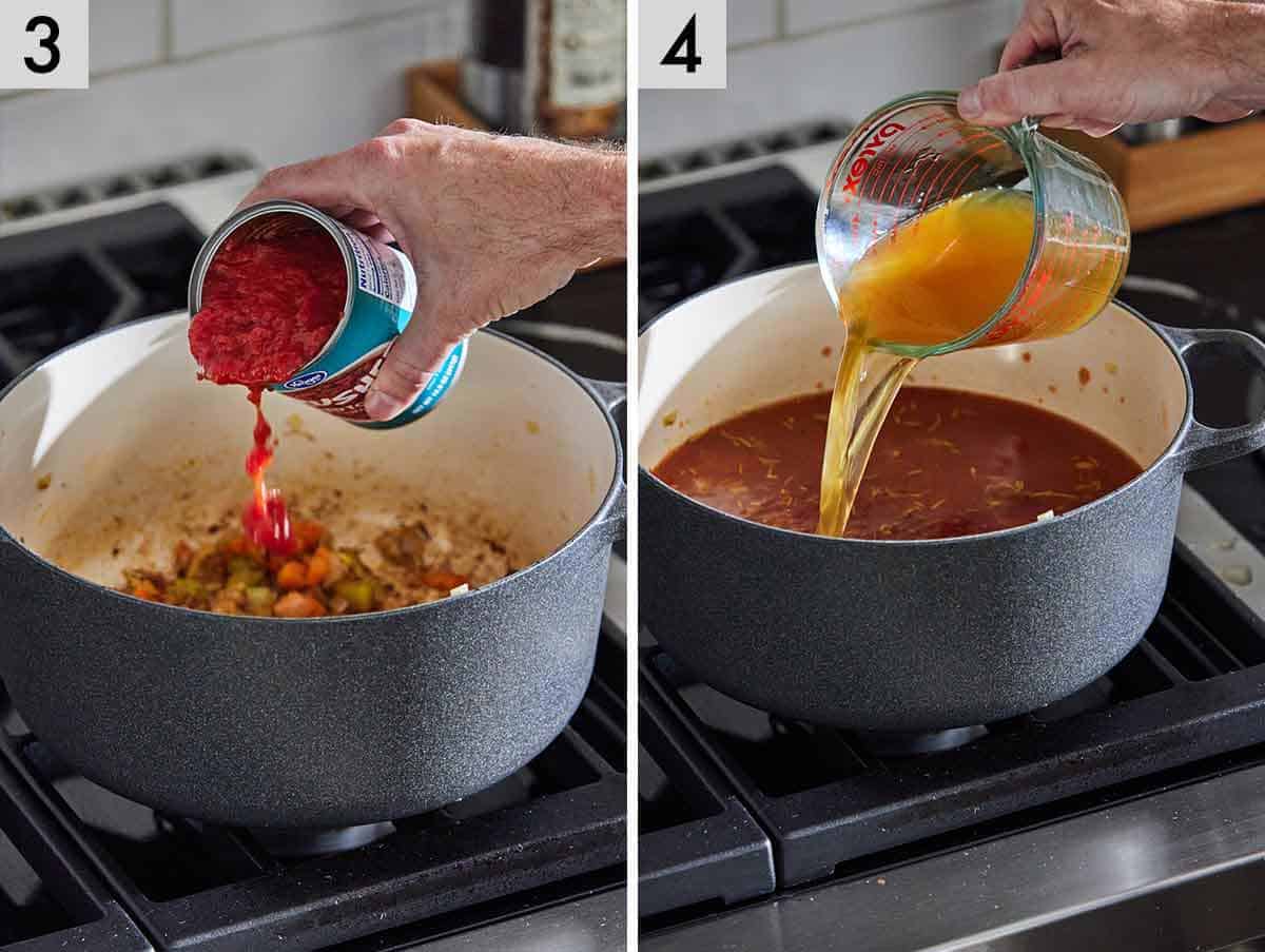 Set of two photos showing canned tomatoes and broth added to the pot.