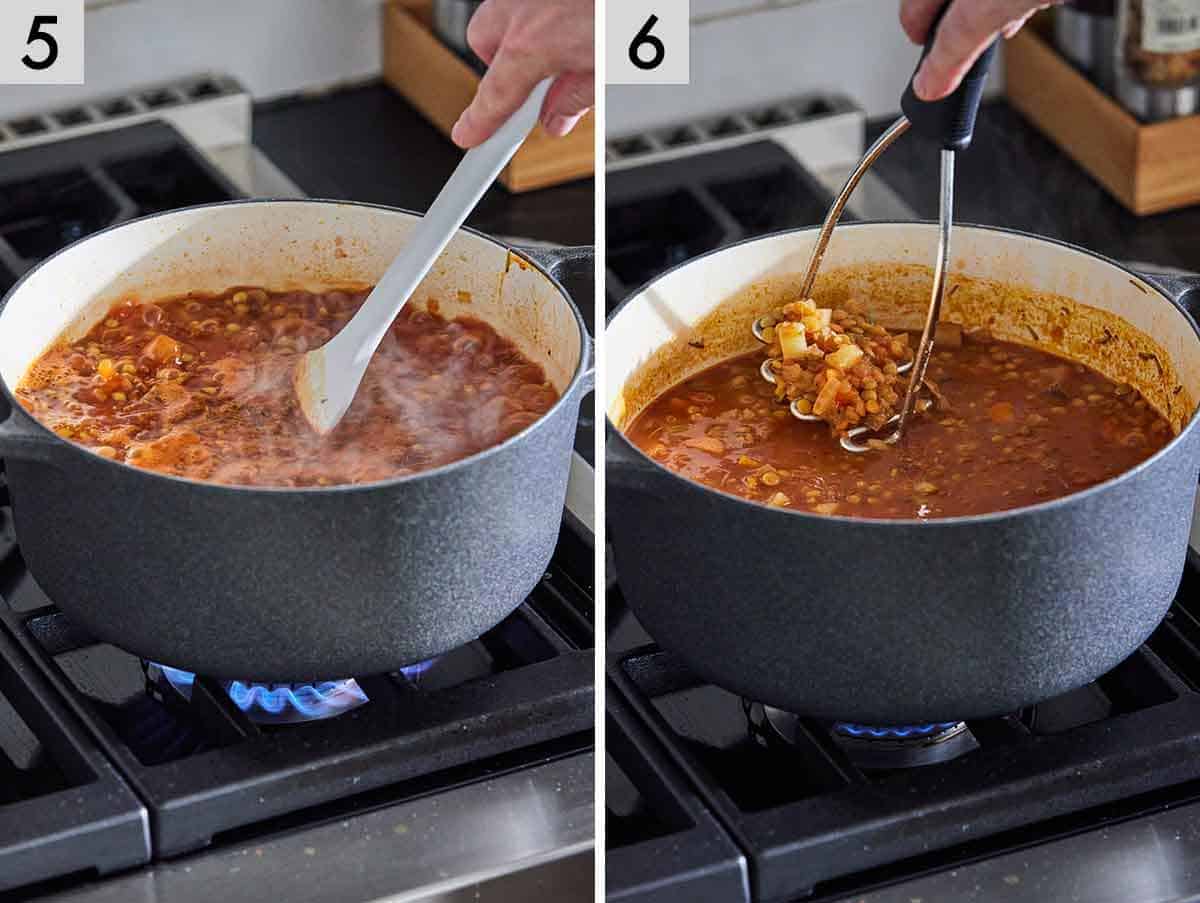 Set of two photos showing the pot being stirred as it simmered then ingredients mashed with a masher.