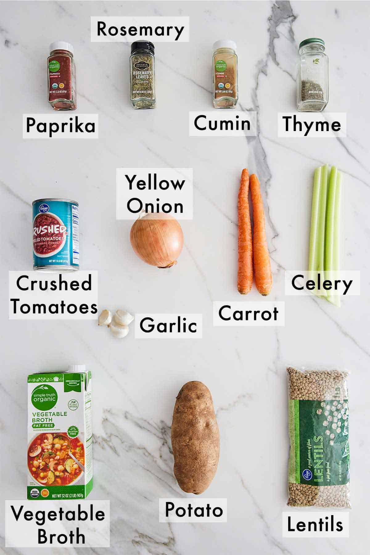 Ingredients needed to make lentil stew.