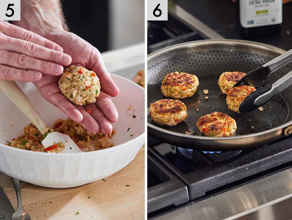 Set of two photos showing salmon patties formed and pan fried.