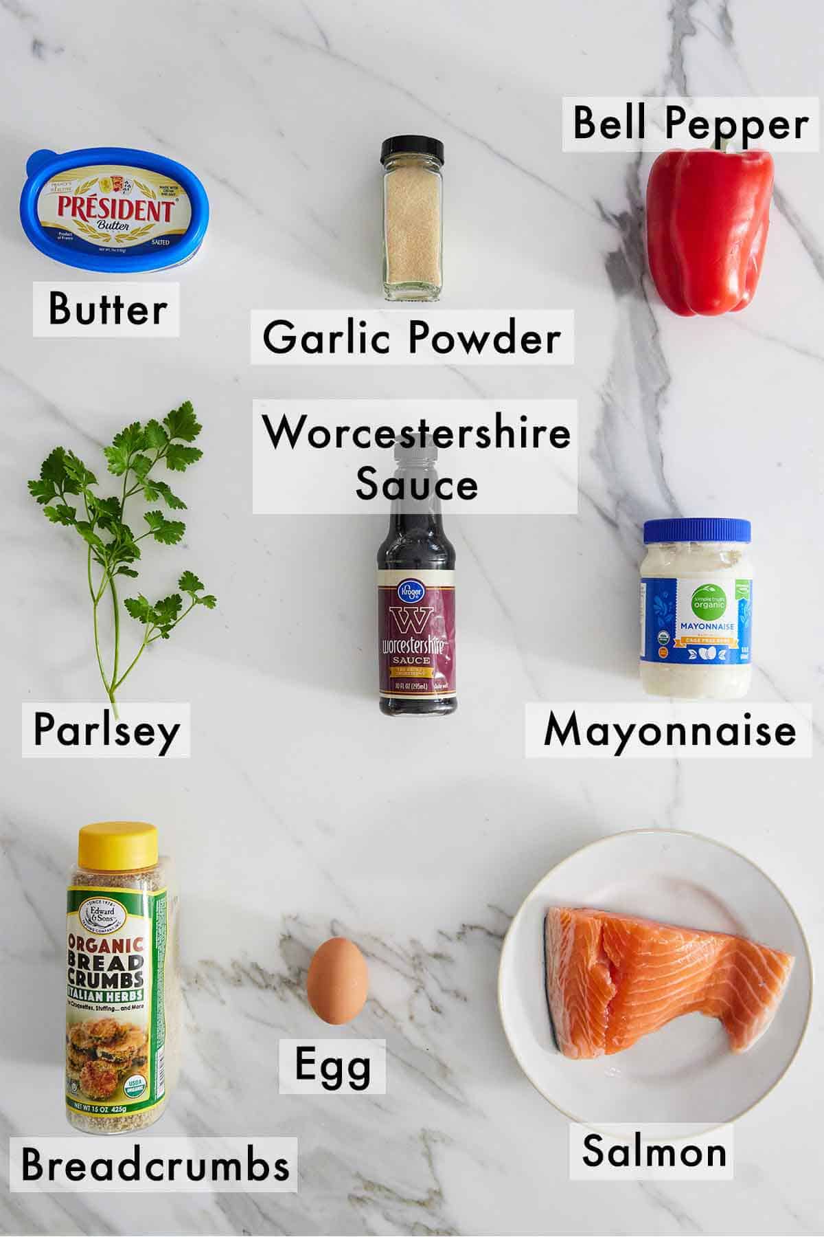 Ingredients needed to make salmon cakes.