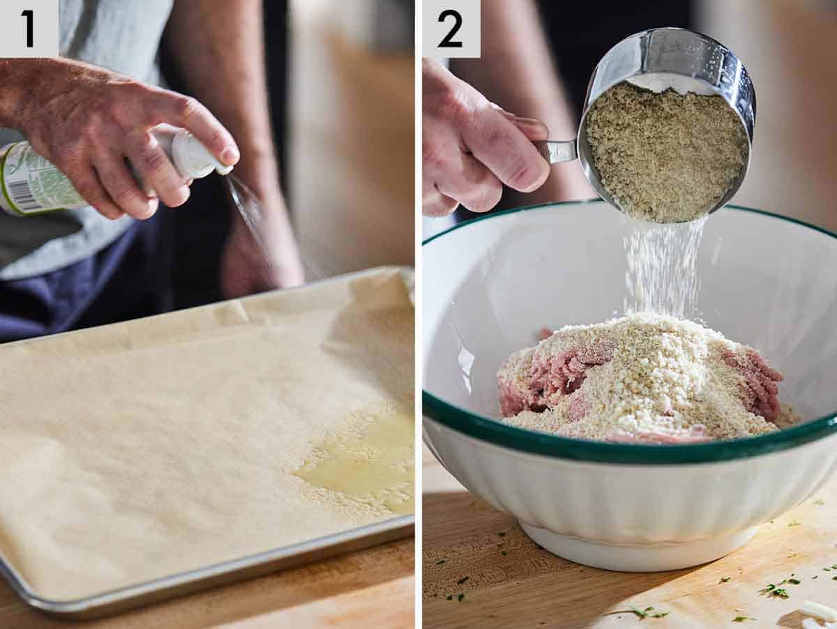 Set of two photos showing sheet pan sprayed and panko added to a bowl of meat.