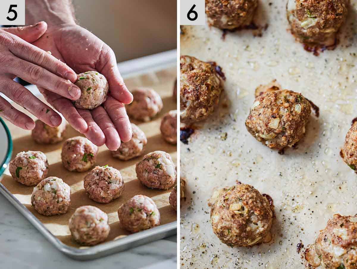 Set of two photos showing the meatballs shaped and baked.
