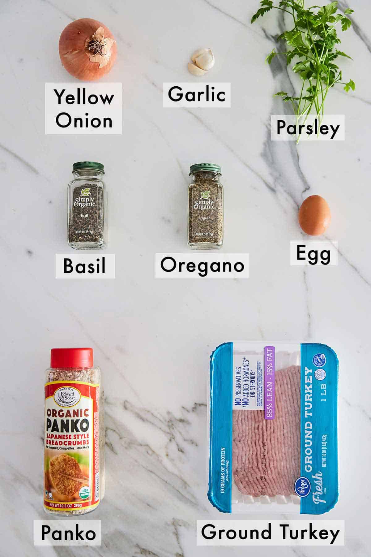 Ingredients needed to make turkey meatballs.