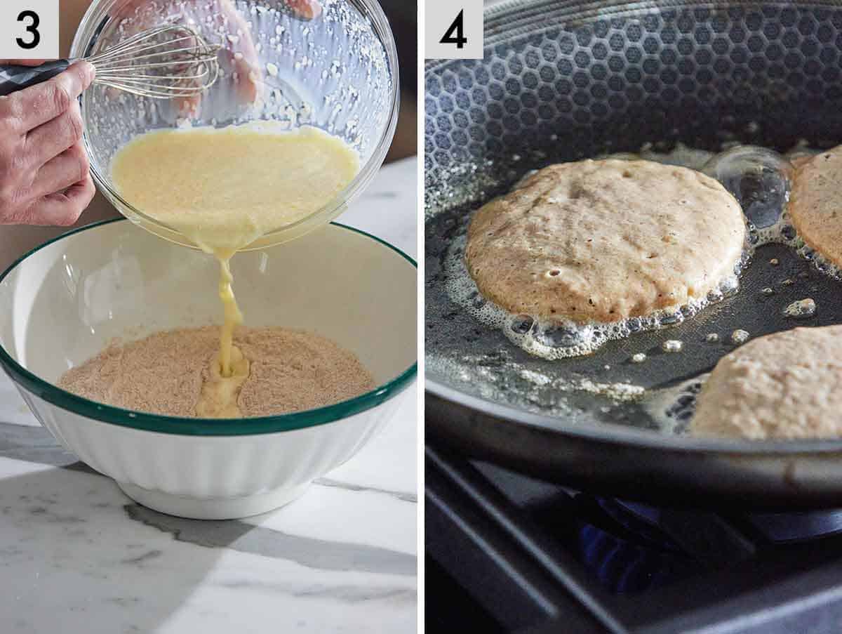 Set of two photos showing wet and dry ingredients mixed and scooped into a pan.