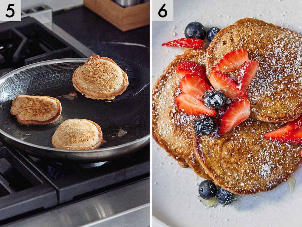 Set of two photos showing pancakes flipped and plated.