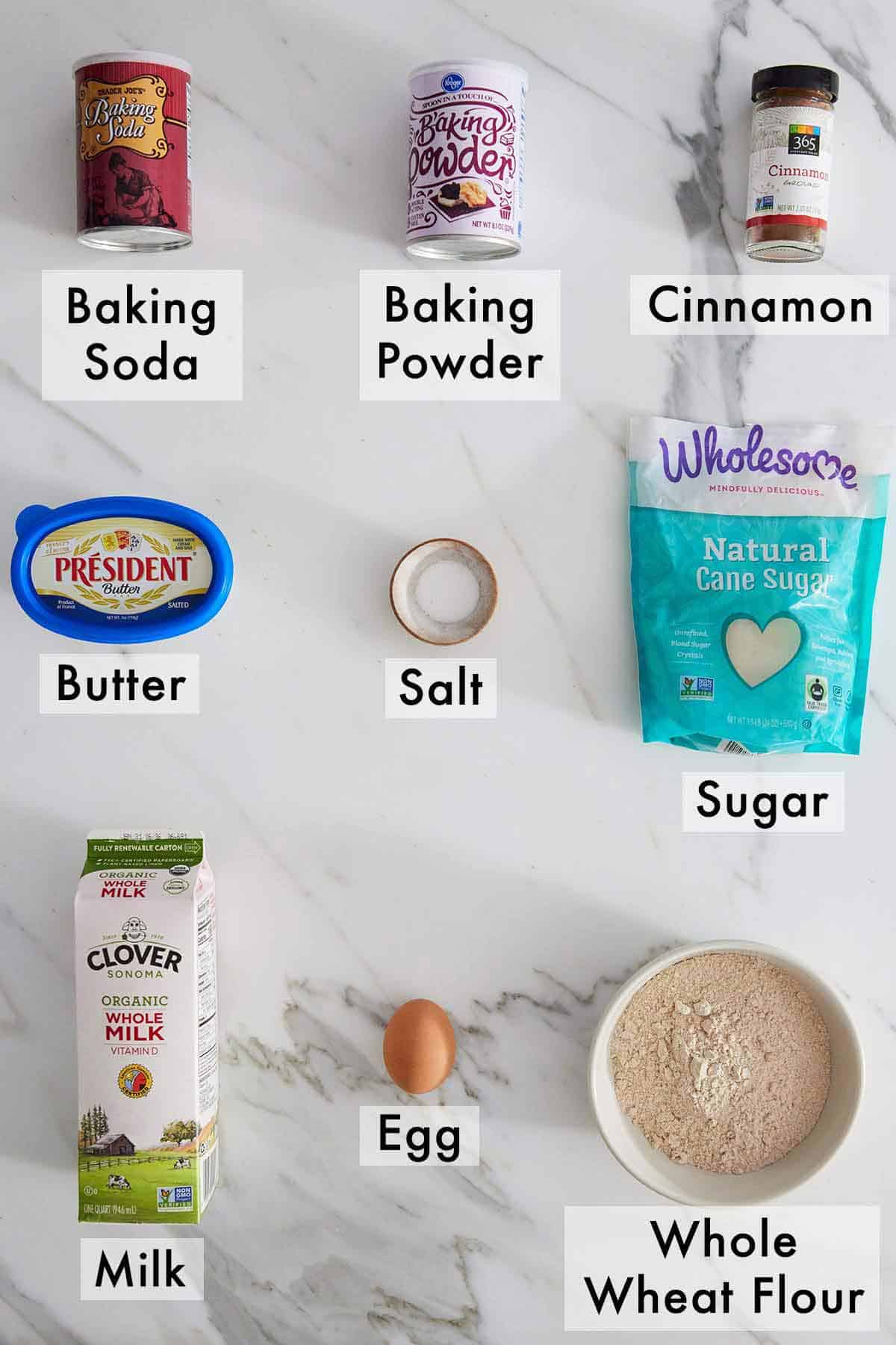 Ingredients needed to make whole wheat pancakes.