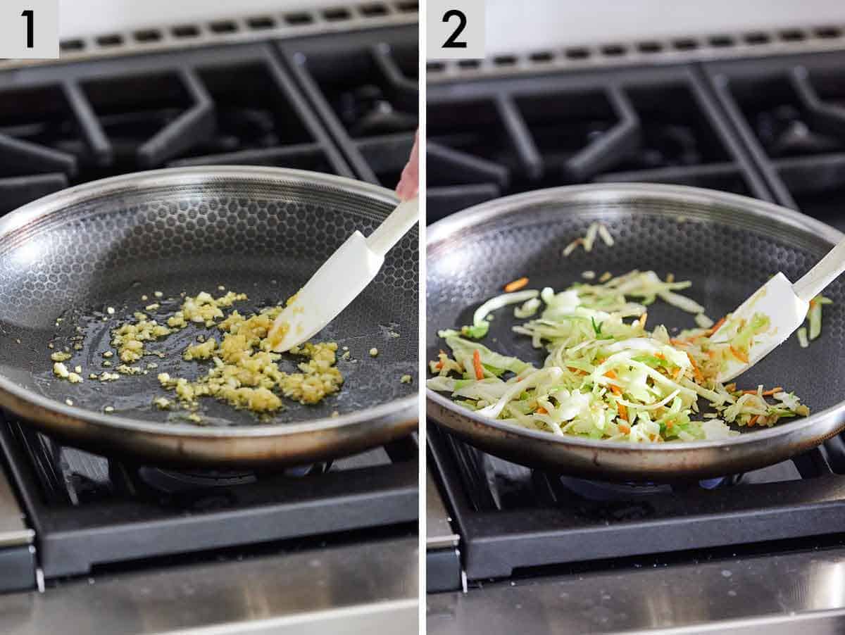 Set of two photos showing garlic and vegetables cooked in a skillet.
