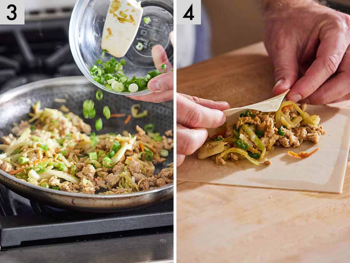 Set of two photos showing green onions added to a skillet then the filling rolled in a wrapper.