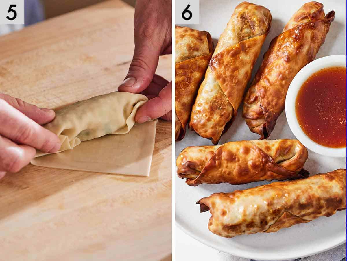 Set of two photos showing the wrappers rolled up with filling and then the cooked egg rolls.